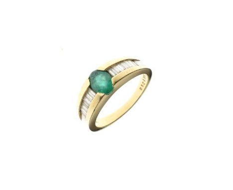 Dress ring set oval emerald coloured stone flanked by graduated baguette diamond shoulders, the shank stamped 14k, size N   C