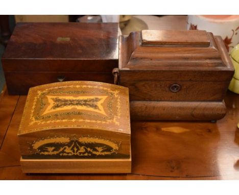 Early 19th Century rosewood sarcophagus shaped tea caddy having hinged cover, a 19th Century mahogany rectangular box and a m