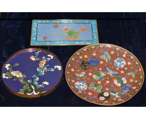 Japanese cloisonné dish, Meiji period, decorated with butterflies and stylised foliage on a brown ground, a similar dish with