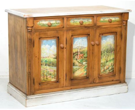 Distressed pine folk art decorated sideboard fitted three short drawers over three cupboard doors, the panels decorated with 