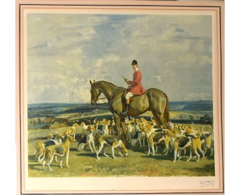 After Sir Alfred Munnings - Signed coloured print - 'Stanley Barker and the Pytchley hounds', bearing Fine Art Guild stamp, p