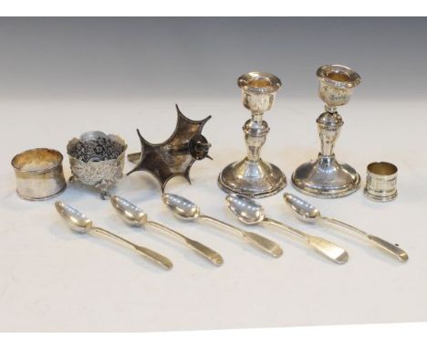 Two silver candlesticks, five silver coffee spoons, napkin ring etc   Condition: 