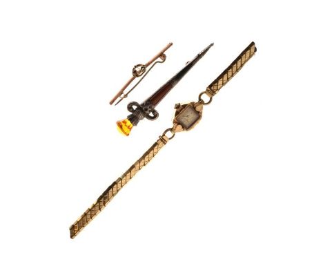 Scottish white metal hardstone set dirk design dagger brooch, stamped silver, a bar brooch and a 9ct gold cased lady's Rotary