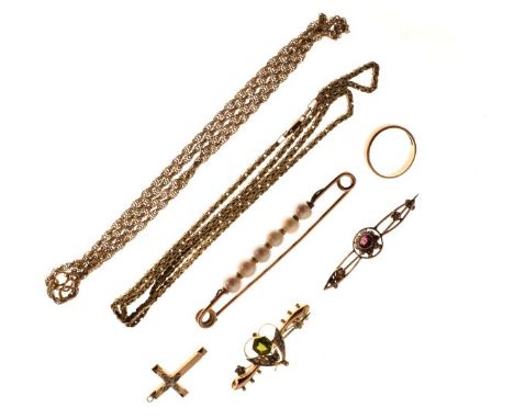 Rope twist chain stamped 9k, box link chain stamped 14k, two bar brooches, an indistinctly hallmarked wedding band, crucifix 