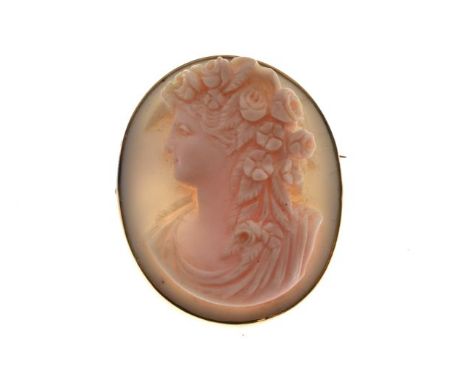 Oval shell cameo brooch depicting a female profile portrait in a gilt metal mount Condition: