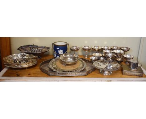 Quantity of silver plated ware including galleried tray, jasperware biscuit barrel etc   Condition: 
