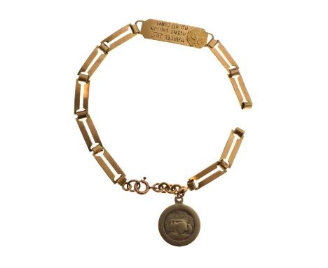 French gold coloured metal identity bracelet, belonging to Marcel Suc, Agent Liaison HQ 1st Corps, having a hexagonal St Chri