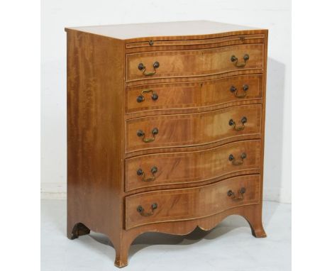 Reproduction mahogany and string inlaid serpentine front chest of five long drawers beneath a brushing slide, raised on splay