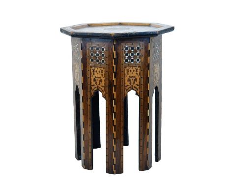 Late 19th/early 20th Century Moorish mother-of-pearl and boxwood inlaid octagonal top occasional table, standing on a typical