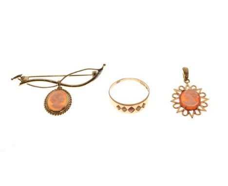 15ct gold ring set seed pearl and coral, a 9ct gold cameo set starburst pendant and a gilt metal bar brooch with cameo drop  