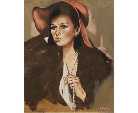 J. Fallon - Mixed media pastel and watercolour on paper - Portrait of woman with red hat, dated '73, framed and glazed   Cond