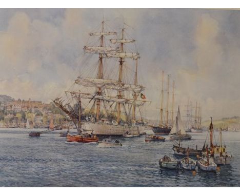 Frank Shipsides - Signed coloured print - 'The Tall Ships at Dartmouth', bearing Fine Art Guild stamp, framed and glazed   Co