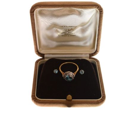 18ct gold dress ring set topaz coloured stone with diamond surround, size M½ together with a pair of similar coloured 9ct gol