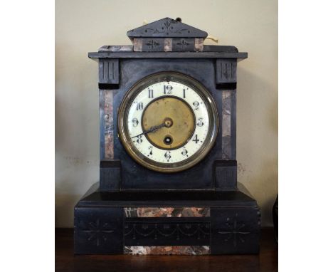 Late 19th/early 20th Century French black slate and marble cased architectural style mantel clock, the gilt dial with off-whi