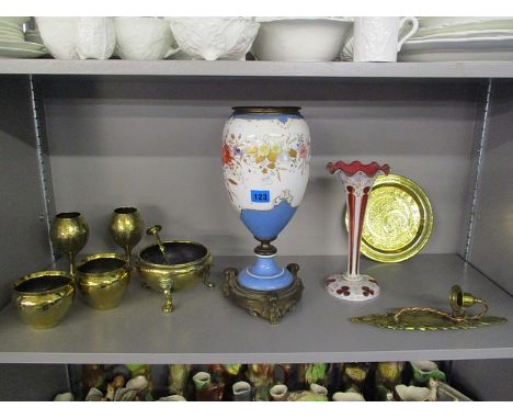 A Victorian porcelain and gilt brass oil lamp base, a Bohemian overlaid opal over ruby glass lustre with gilt work and cut de