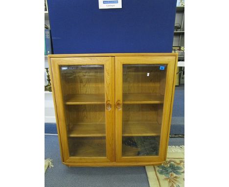 Ercol light elm display cabinet, twin glazed doors and internal shelves, 39 x 35 6/8 x 12