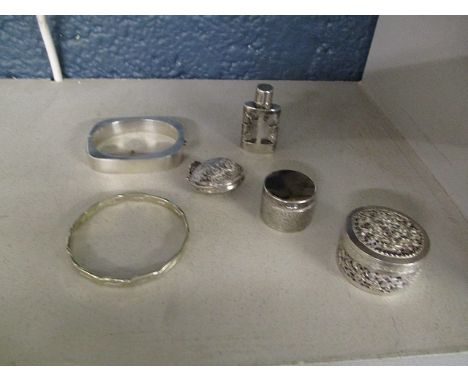 A group of silver items to include a Chinese silver box and a Mexican silver bracelet