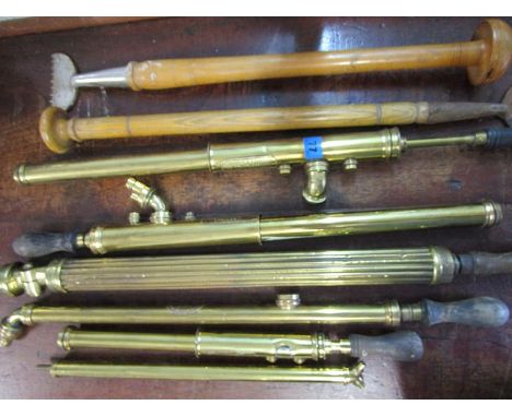 A collection of Victorian and early 20th century brass garden sprayers and tools