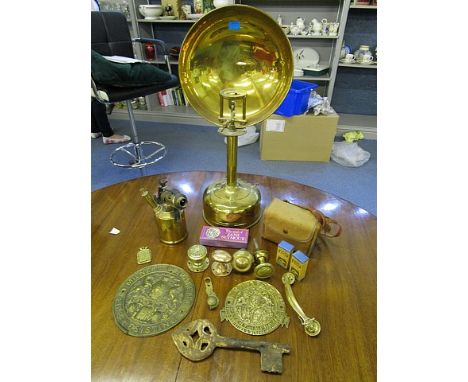 A group of brassware and other items to include early 20th century brass lamps, Victorian plates, boxed Brownie camera and ot