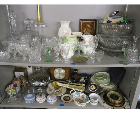 The Royal Collection bone china twin handled dish and two trinket boxes, together with mixed glassware, mantle clocks, orname