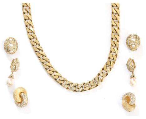 A Gilt Metal and Paste Set Necklace by Christian Dior and Three Pairs of Christian Dior Earrings, the gilt metal cuban link c