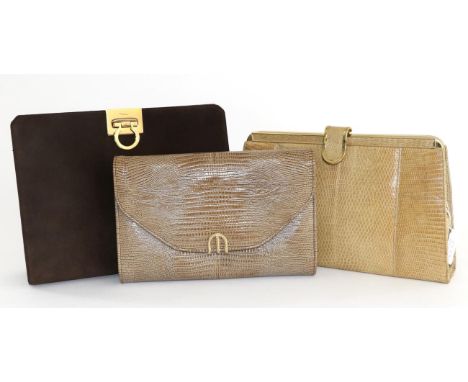 Harrods Light Brown Lizard Skin Clutch Bag, with gilt metal fittings and internally attached chain strap, 26cm by 16cm; Acker