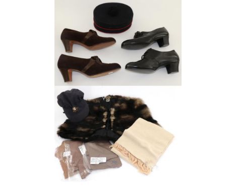 Assorted Circa 1940s CC41 Costume Accessories, including a Selby Shoe Styl-eez brown suede and leather shoes, size 9.5B, a Pa