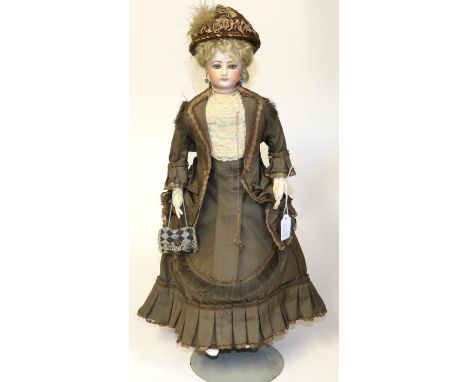 Late 19th Century Francois Gaultier Fashion Doll, with fixed blue eyes, closed mouth, pierced ears, blond wig, on a white kid