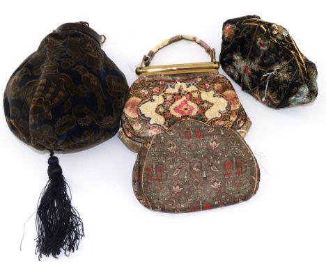 Circa 1910 Art Nouveau Evening Bag, in blue and moss green velvet decorated with birds and flowers, with multicoloured decora