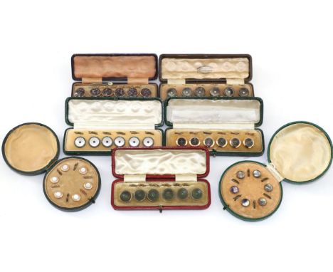 Early 20th Century Gents Dress Studs, including three smokey mother of pearl sets; two light mother of pearl sets with red ce