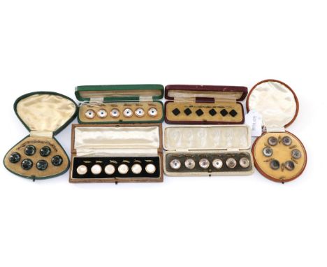 Early 20th Century Gents Dress Studs, including two smokey mother of pearl sets; two light mother of pearl sets, with gilt ed