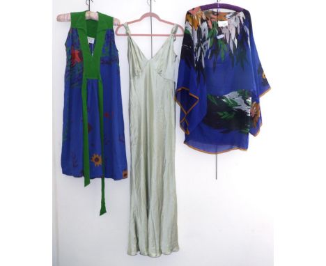 Amanda Wakeley Eau De Nil Grecian Style Evening Dress, in light green with knotted straps (size 12); and Ossie Clark Blue Sil