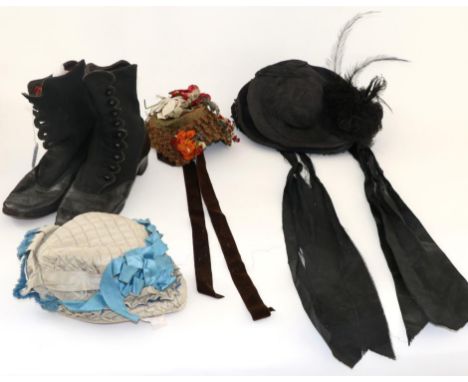 Late 19th Century Eau de Nil Quilted Silk Bonnet, with blue ribbon trims, in original box; Woven Straw Bonnet, with faux flor
