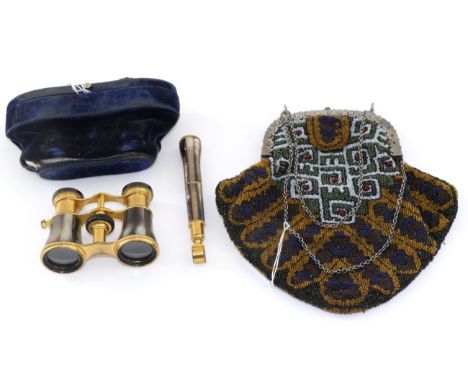 Circa 1920s Pair of Negretti & Zambra Mother of Pearl and Gilt Metal Opera Glasses, in a blue velvet fitted case; together wi