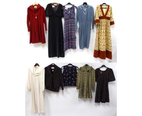 Assorted Circa 1970s Costume, including a Jean Varon red wool crepe long sleeve dress, retailed by Harrods, with a 'looped' t
