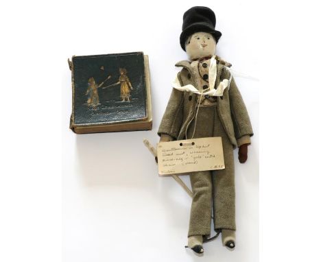 Mid 19th Century Wooden Doll, fully dressed in wool suit, waistcoat with watch chain, shirt, glasses, top hat, with painted f