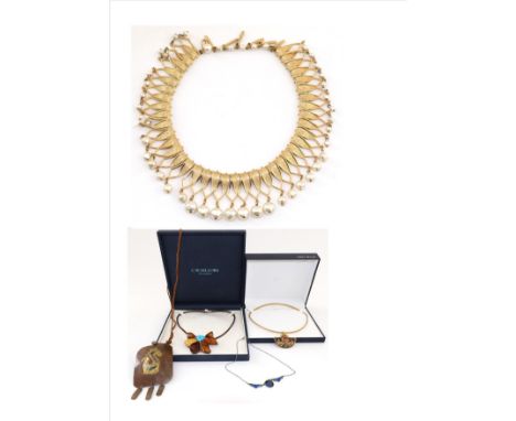 A Gilt Metal and Simulated Pearl Necklace, by Trifari, formed of textured drop links each suspending a simulated pearl, lengt
