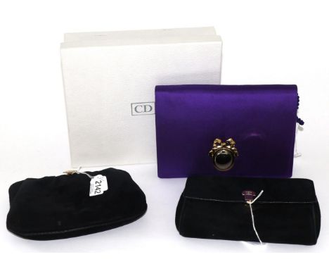 Christian Dior Purple Silk Clutch Bag, with 'vanity mirror' motif clasp and internal rope twist strap, 21.5cm by 16.5cm, with