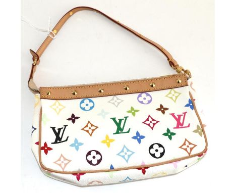 Louis Vuitton Multi Colour Pochette, with light tan trim and gilt metal stud decoration, and detachable leather strap, 23cm b