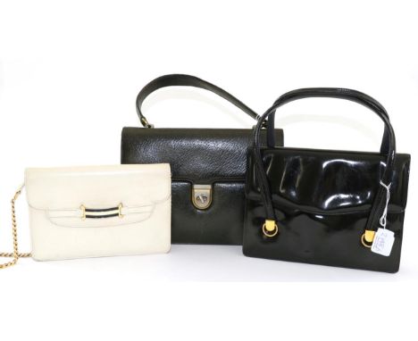 Cream Gucci Shoulder Bag, with enamel mount, chain link shoulder strap, 20cm by 14.5cm; Another in Black Patent, with gilt me