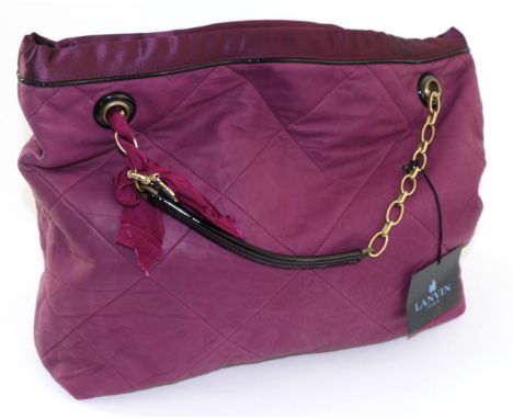 Lanvin Purple Quilted Lambskin Leather Handbag, the black patent and gilt metal chain handles woven with a purple ribbon to o