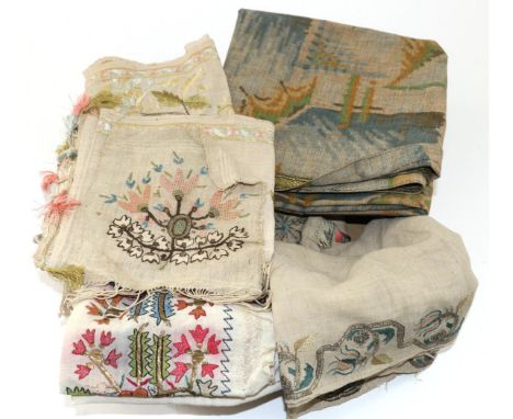 Seven Assorted 19th Century Turkish and Other Linen Towels, embroidered in coloured silk and metallic threads, various sizes 