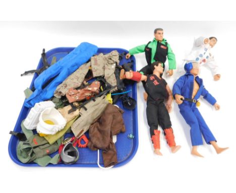 Four Action Man figures, clothing, guns and accessories, die cast vehicles, etc. (a quantity)