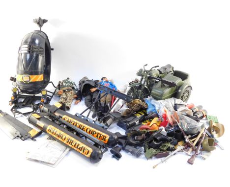 An Action Man Transport Command single seater helicopter, military motorbike and side car, figures and accessories. (a quanti