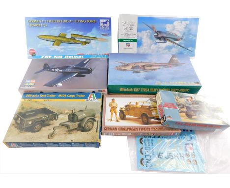 Aircraft and military vehicle model kits, boxed, comprising a Hobbyboss F6df-5n Hellcat, scale 1:48 Italeri 250 gallon tank t