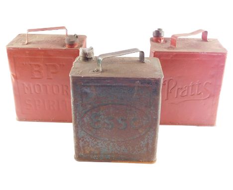 Three petrol cans, comprising Esso, BP and Pratt's.