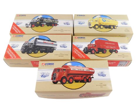 Five Corgi Classics die cast lorries, comprising an ERF tanker, Blue Circle, 97930., ERF eliptical tanker, Esso, 97980., Scam