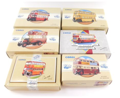 Corgi die cast double decker buses, comprising a Guy Arab Bournemouth 97205., London Transport 97203., AEC Regent West Bridgf