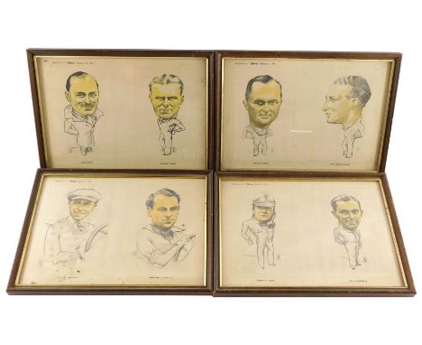 Eight of The Motor Character Studies of Motor Racing Driver, framed as four, February 6th, 27th, March 6th, 13th 1934, prints