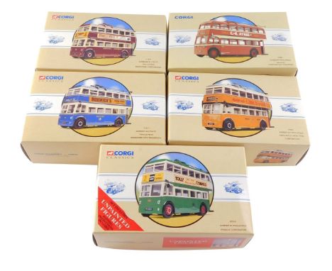 Five Corgi die cast trolley buses, comprising a Karrier W, Ipswich Corporation 97316., Utility, Bradford City Transport 97871